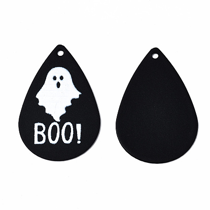 Spray Painted Iron Pendants, Rubberized Style, 3D Printed,  Halloween Ghost with Word BOO Print Pattern, Teardrop