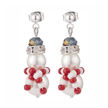 Shell Pearl & Glass Braided Christmas Snowman Dangle Stud Earrings, 304 Stainless Steel Jewelry for Women