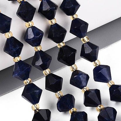 Нитки бусины из натурального ляписа-лазури, двухконусные, граненые, с бисером