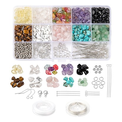 Kit de perles de pierre mélangées pour la fabrication de bijoux à bricoler soi-même, y compris les perles de copeaux de pierres précieuses, agrafes en alliage de zinc, Anneaux et épingles en fer et crochets pour boucles d'oreilles, ccb perles en plastique, fil de cuivre et fil élastique