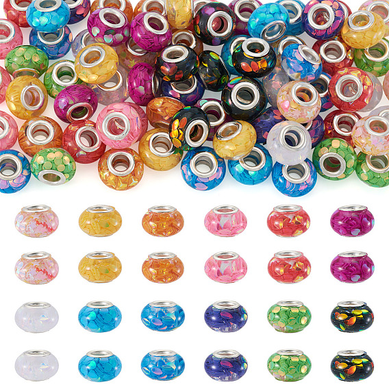72 шт. 12 цвета прозрачные бусины-рондель из смолы европейского дизайна, с пайетками и латунными сердечниками платинового тона, бусины с большим отверстием