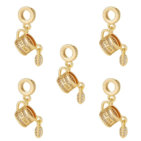 5Штука с покрытием из латуни, микропаве, прозрачный кубический цирконий, европейские подвески-подвески, Подвески с большими отверстиями, без кадмия и без свинца, кофейная чашка с листом