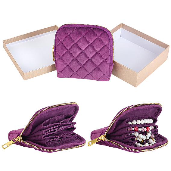Rhombus Textured Velvet Jewelry Storage Zipper Pouches for Earrings Rings Bracelets Necklaces, Square