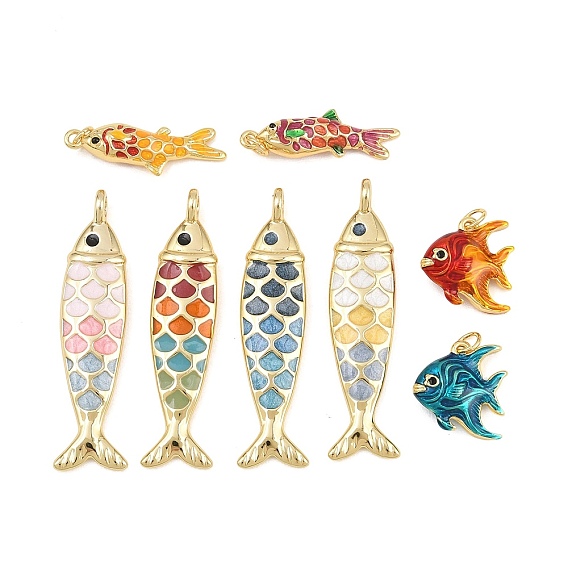 Brass Enamel Pendants, Fish Charms, Rack Plating, Long-Lasting Plated, Lead Free & Cadmium Free, Real 18K Gold Plated