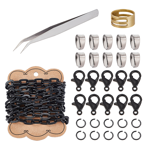 Black Cable Chain DIY Jewelry Making Finding Kits, Including Aluminium Cable Chains, Beading Tweezers, Alloy Clasps and Iron Snap on Bails, Brass Rings