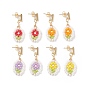 304 Stainless Steel Stud Earrings, Oval with Flower Sead Glass Beaded Dangle Earrings for Women