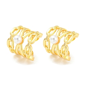 Rack Plating Brass Oval Cuff Earrings with Plastic Pearl, Non Piercing Earrings, Long-Lasting Plated, Lead Free & Cadmium Free