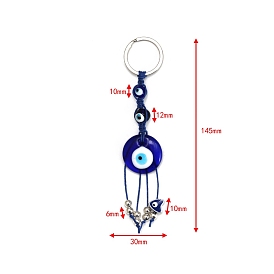 Flat Round with Evil Eye Glass Pendant Keychains, with Metal Finding and Tassel, for Bag Car Key Decoration