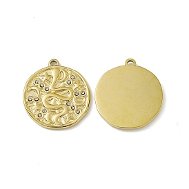 Vacuum Plating 201 Stainless Steel Pendants, Crystal  Rhinestone Flat Round with Snake Pattern Charms