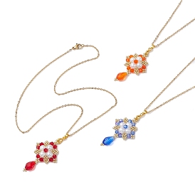 3Pcs 3 Colors Handmade Glass Seed Beads and Glass Pearl Round Pendants Necklaces, Loom Pattern, Flower & Teardrop