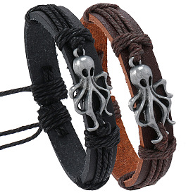 PU Leather Cord Adjustable Bracelets, Alloy Octopus Link Bracelets for Men