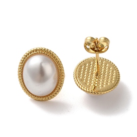 Oval Rack Plating Brass Stud Earrings, with ABS Plastic Imitation Pearl, Lead Free & Cadmium Free, Long-Lasting Plated