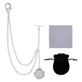 Chaînes de montre de poche en laiton pour médaillon, avec fermoir mousqueton et barre en T, chiffon de polissage inclus, sachets en velours, plat et circulaire avec motif floral