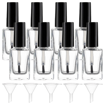 Botella vacía del esmalte de uñas de cristal transparente, con cepillo, tolva de embudo de plástico