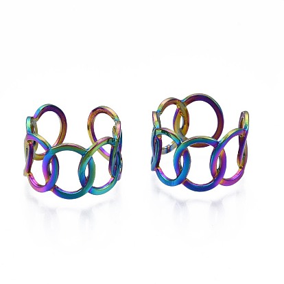 304 Stainless Steel Interlocked Rings Cuff Ring, Rainbow Color Open Ring for Women