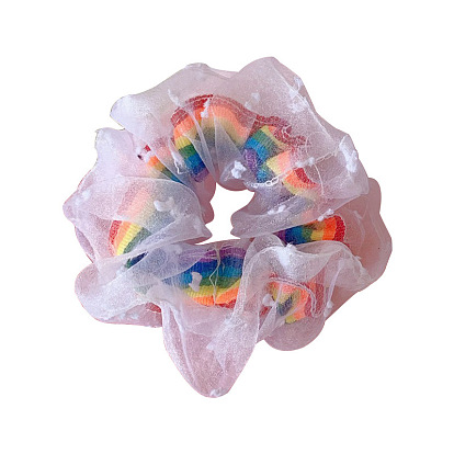Colorful Rainbow Pig Intestine Hairband - Fashionable Double-layered Hairband, White Chiffon.