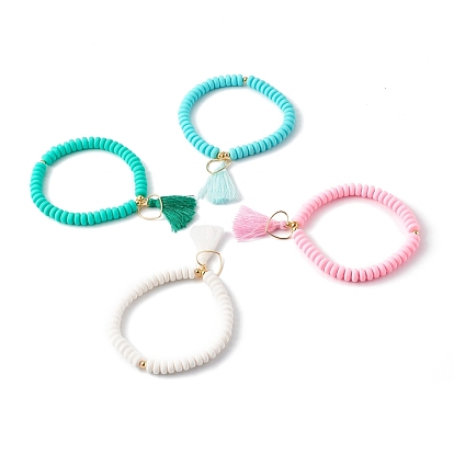 Handmade Polymer Clay Beads Stretch Bracelets, with Brass Pendant & Beads, with Tassel, Heart