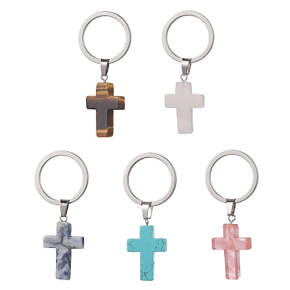 Synthetic & Natural Mixed Gemstone Keychains, with 304 Stainless Steel Split Key Rings, Cross