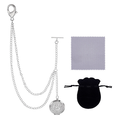 Chaînes de montre de poche en laiton pour médaillon, avec fermoir mousqueton et barre en T, chiffon de polissage inclus, sachets en velours, plat et circulaire avec motif floral