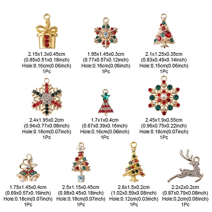 10Pcs 10 Style Rack Plating Alloy Pendants, with ABS Plastic Imitation Pearl and Rhinestone, Christmas Tree & Gift Box & Snowflake & Bell & Deer