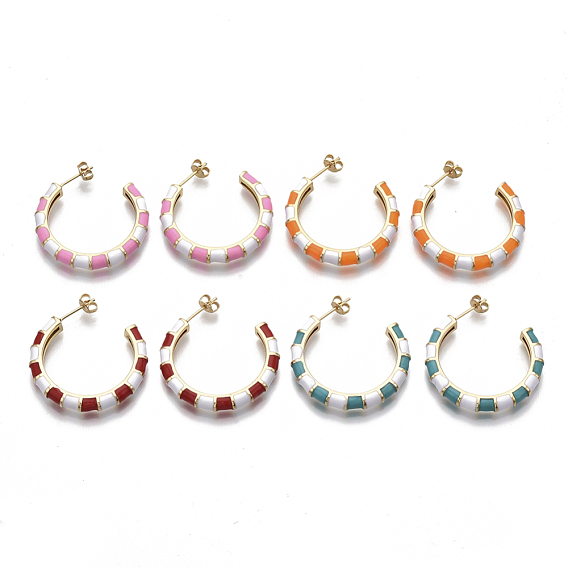 Brass Stud Earrings, Half Hoop Earrings, with Two Tone Enamel and Earring Backs, Golden, Bamboo Shape