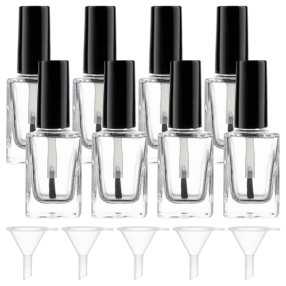 Botella vacía del esmalte de uñas de cristal transparente, con cepillo, tolva de embudo de plástico