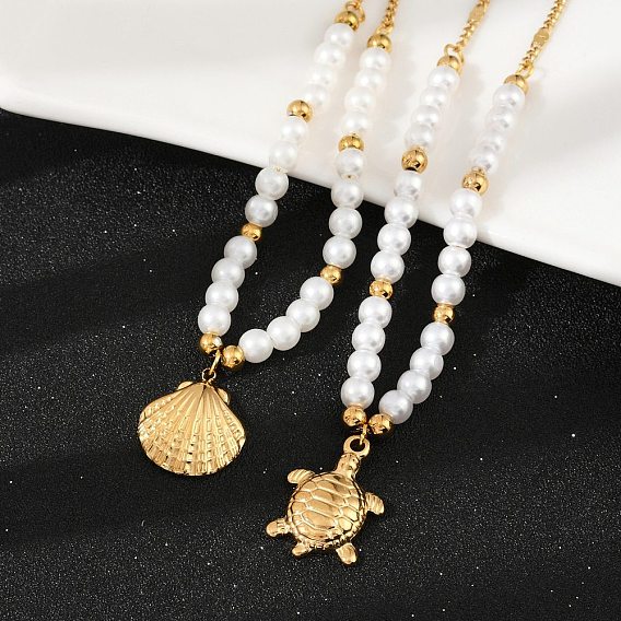 304 подвеска из нержавеющей стали в виде морского животного, ожерелья из пластиковых бусин с имитацией жемчуга для женщин, белые, реальный 18 k позолоченный