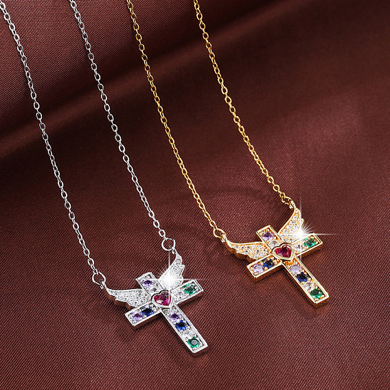 Brass Pave Colorful Cubic Zirconia Cross with Angel Wings Pendant Necklaces for Women