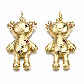 Brass Micro Pave Cubic Zirconia Pendants, with Jump Rings, Nickel Free, Real 16K Gold Plated, Bear