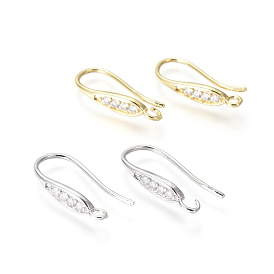 Brass Micro Pave Cubic Zirconia Earring Hooks, Ear Wire, with Horizontal Loop, Clear