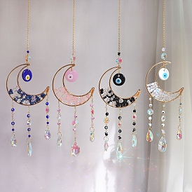 Moon and Evil Eyes Glass Suncatchers, Rainbow Maker, with Gemstone Chip Beads, DIY Garden & Home Decoration