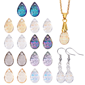 18Pcs 9 Colors Embossed Glass Rhinestone Pendants, Teardrop Charms, Faceted