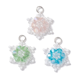 Glass Seed Beaded Pendants, with 304 Stainless Steel Jump Rings, Snowflake