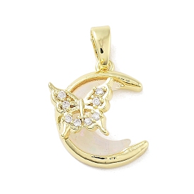 Brass Micro Pave Cubic Zirconia Pendants, with Resin, Moon with Butterfly Charm