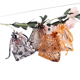 Halloween Organza Printed Gift Drawstring Bags, Jewelry Pouches, Wedding Party Favor Gift Bags, Rectangle