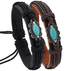 PU Leather Cord Adjustable Bracelets, with Horse Eye, Alloy Flower Link Bracelets for Men