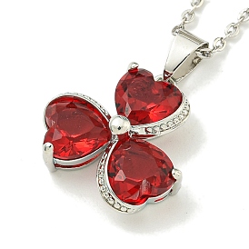 304 Stainless Steel Cable Chain Necklaces, Brass Red Cubic Zirconia Clover Pendant Necklaces