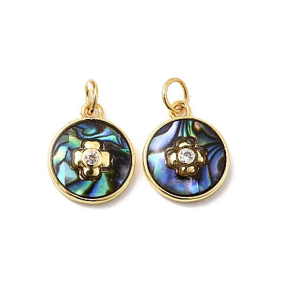 Латунные микро проложить кубического циркония прелести, плоско-круглые, с ракушкой пауа и эпоксидной смолой, стойки покрытие, долговечный, без свинца и без кадмия, с целью перехода в кольце