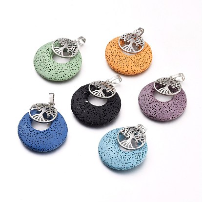 Natural Lava Rock Pendants, with Platinum Tone Brass Bils, Dyed, Flat Round with Tree of Life
