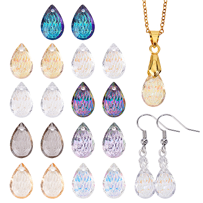 18Pcs 9 Colors Embossed Glass Rhinestone Pendants, Teardrop Charms, Faceted