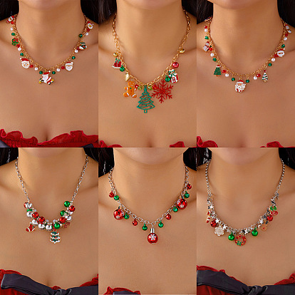 Рождественское ожерелье-нагрудник из сплава со стразами, эмалью и пластиком., зеленый и красный