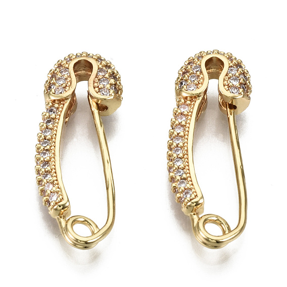 Brass Micro Pave Clear Cubic Zirconia Safety Pin Earrings, Nickel Free