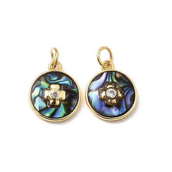 Латунные микро проложить кубического циркония прелести, плоско-круглые, с ракушкой пауа и эпоксидной смолой, стойки покрытие, долговечный, без свинца и без кадмия, с целью перехода в кольце