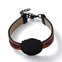 Alloy Flat Round Link Bracelet Settings fit for Cabochons, with Feather Pattern PU Leather Cords