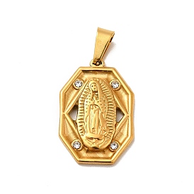 Vacuum Plating 304 Stainless Steel Pendants, with Rhinestone, Octagon with Virgin Mary