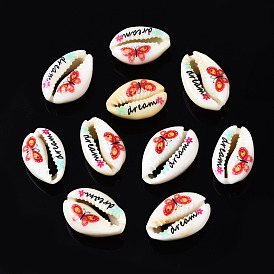 Printed Natural Cowrie Shell Beads, No Hole, Butterfly Pattern & Word Dream