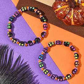Halloween Skull Acrylic Beaded Stretch Bracelets, with Glass Seed Beads and Polymer Clay Beads