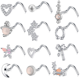 12Pcs 12 Style Heart & Star & Ring & Flat Round Clear Cubic Zirconia Fishtail Nose Rings with Cat Eye, 316 Surgical Stainless Steel Nose Piercing Jewelry for Women