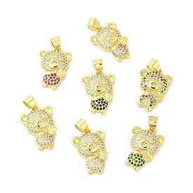 Rack Plating Brass Pave Cubic Zirconia Pendants, Bear Charms, Long-Lasting Plated, Cadmium Free & Lead Free, Real 18K Gold Plated