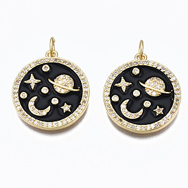 Brass Micro Pave Clear Cubic Zirconia Pendants, with Jump Rings and Enamel, Nickel Free, Flat Round